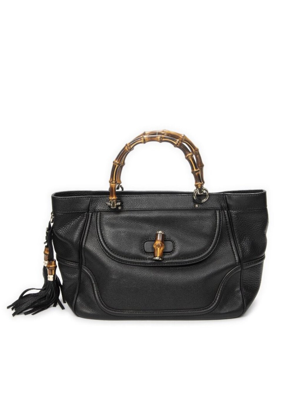 Gucci Medium New Bamboo Tassel Tote Bag Black Gray Leather